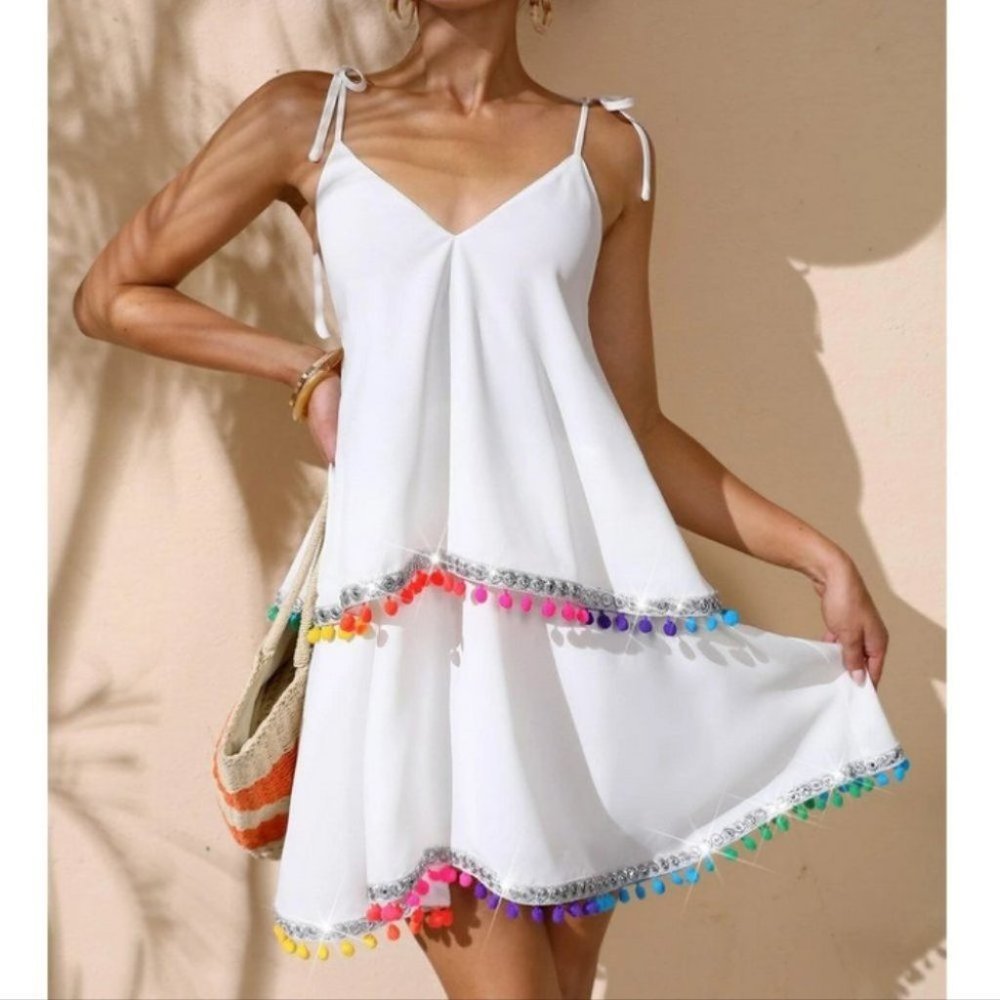 Boho Tie Shoulder Pom Pom Cami Mini Dress White - Picture 1 of 4